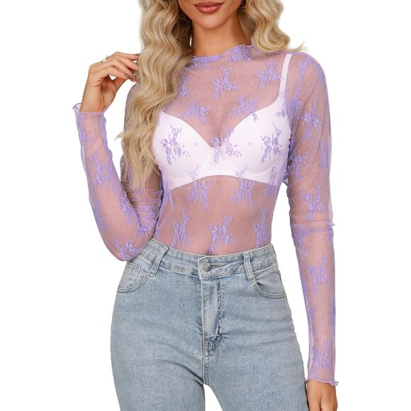 🆕Women Light Purple Polyamide Mesh Sheer Long Sleeve Mock Neck Lace Top Blouse - Picture 1 of 5